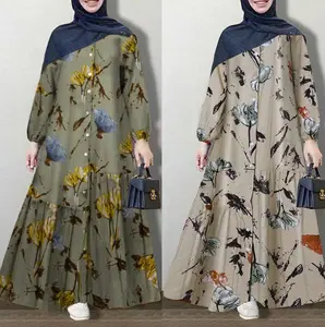 Muslim Cotton Women Printed Button Bubble Long Sleeved Elastic Cuffs Fashion Loose Casual Dress