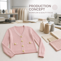 Kardigan Rajut Wanita Warna Pink, Kerah V, Lengan Panjang, Kancing Warna Emas, Tekstur Rib, Saku Tempel, Model Fitted, Pakaian Kasual untuk Layering