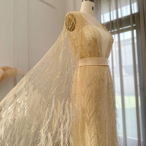 Sharon Said SS420 <span class=keywords><strong>Vestido</strong></span> de noche amarillo de <span class=keywords><strong>plumas</strong></span> de lujo con mangas de capa <span class=keywords><strong>Vestido</strong></span> de compromiso de Dubái para mujer Fiesta de boda - Product Image 5