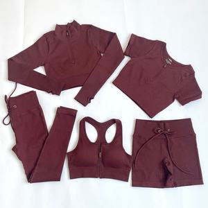 Conjunto de Ropa Deportiva Activa para Mujer, 5 Piezas, Personalizada al por Mayor, sin Costuras, Acanalada, para Gimnasio, Yoga y Entrenamiento - Product Image 3