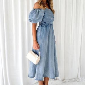 <span class=keywords><strong>Robe</strong></span> bandeau d'été décontractée personnalisée Loose Flare Ruffles Puff Short Sleeve Light Blue Maxi Jeans Solid Color Denim Breathable - Product Image 4