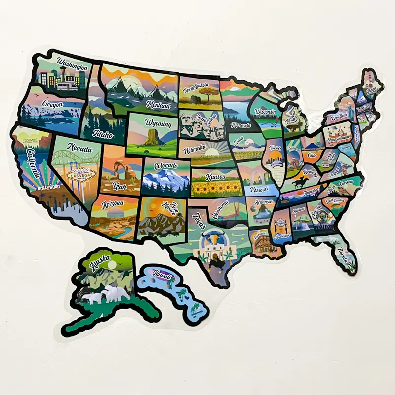 Vente en gros 50 états voyage USA Photo carte décalcomanie autocollants avec illustrations scéniques pour voyage remorque camping-car