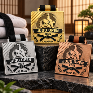 Médailles de judo personnalisées pour le sport et la compétition avec finitions or, argent, bronze, rubans personnalisés et dos gravé OEM ODM - Product Image 1