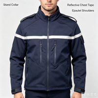 Veste Softshell Tactique de Sécurité Coupe-Vent avec Bandes Réfléchissantes Haute Visibilité et Épaulettes pour Uniforme de Patrouille et de Sécurité Publique