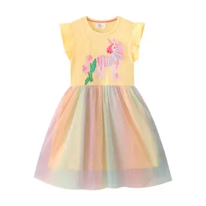 2022 Girls' Tulle Baby Yellow Dress New Children's Unicorn Embroidered Princess Jersey Tutu Dress Cotton Tshirt Dresses