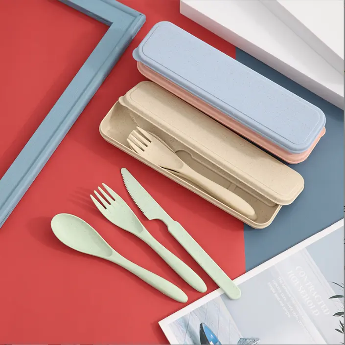 New Wheat Straw Creative Knife, Fork, Spoon Tableware Portable Travel Children's Tableware Three-piece Storage Set