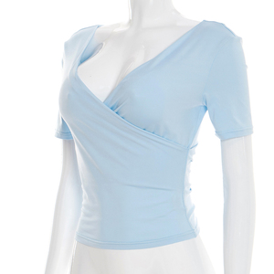 Viviblook Y26TP059 Camiseta informal de primavera y verano para mujer, nueva camiseta con cuello en V cruzado, manga corta, corte ajustado, Top para mujer - Product Image 3