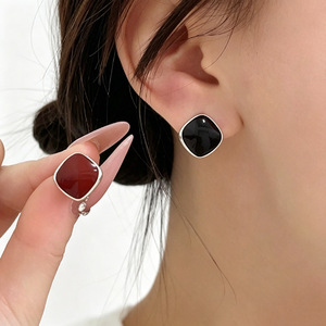 S925 Sterling <b>Silver</b> <b>Stud</b> <b>Earrings</b> Red Black Square Geometric Bezel Setting Everyday Wear - Product Image 1