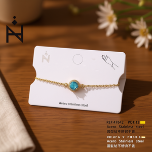 Pulsera de Acero Inoxidable en Tono Dorado con Circonita Azul de Corte Redondo, Cadena Clásica, Joyería Unisex para Regalo - Product Image 3