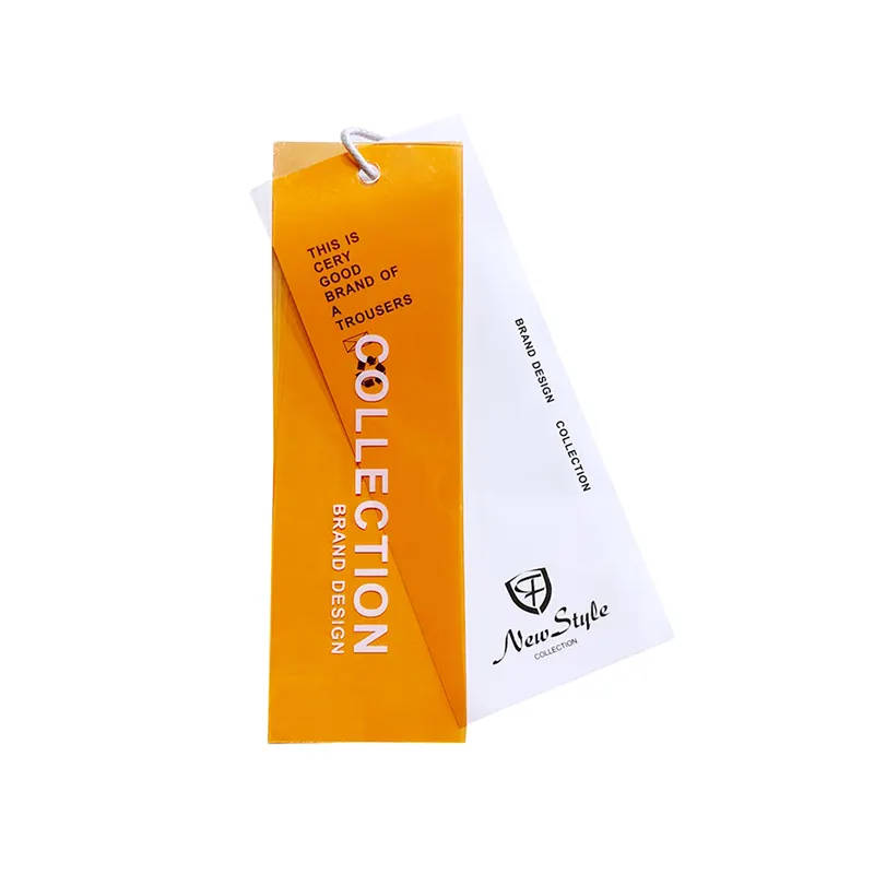 Etiquetas personalizadas, diseño de papel de PVC naranja, etiqueta colgante con lazo de cuerda