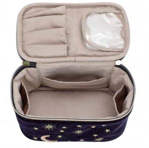 Échantillon gratuit : Grande trousse de maquillage carrée en velours bleu marine avec appliques brodées Lune Étoiles Soleil, sac de rangement pour esthéticienne, pochette - Product Image 2