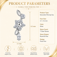 Anting-anting tusuk titanium ASTM F136 berlapis emas 18K dengan ulir dalam, model bunga, cincin tulang rawan, zircon setting cakar, untuk anak-anak, pernikahan