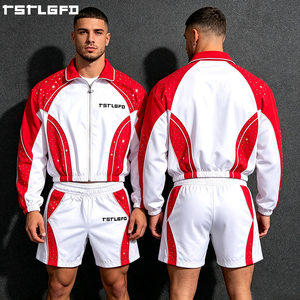 Cut And Sew <b>Rhinestone</b> Studded Tracksuit Set Red White Colorblock Panelled Contrast Piping Y2K Streetwear <b>Jacket</b> Shorts Bulk - Product Image 5