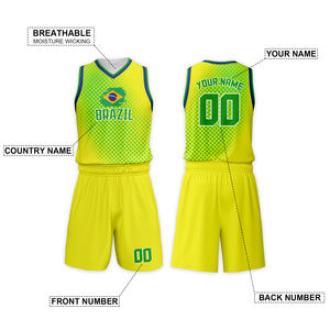 Ensembles de maillots de basket-ball pour enfants personnalisés style drapeau brésilien, respirants, à séchage rapide, antibactériens, sans manches, grande taille, 100% coton - Product Image 2