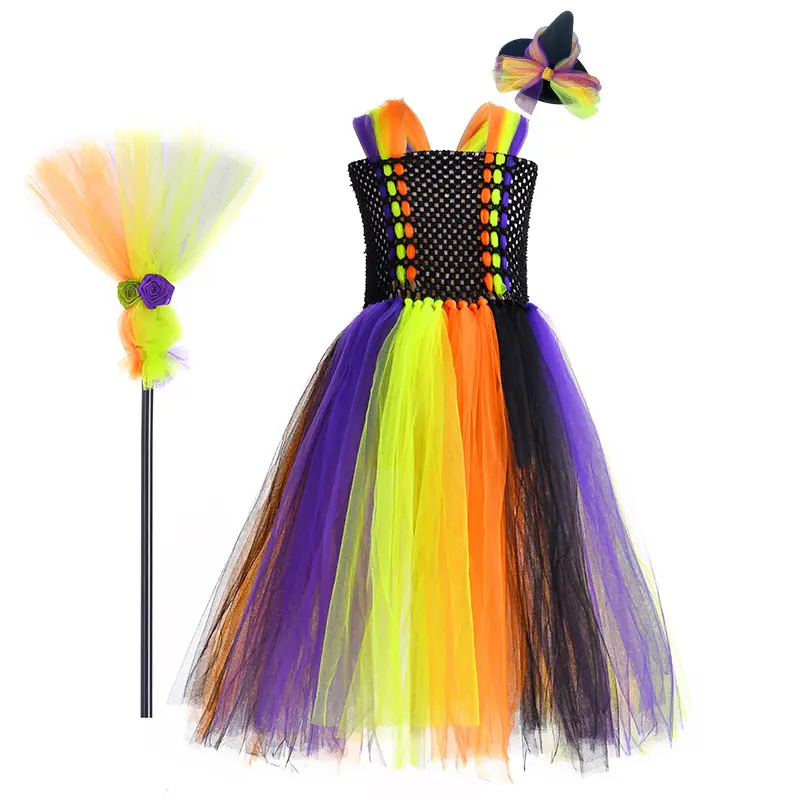Halloween Cos-robe de petite sorcière longue, Costume de fête trois pièces avec chapeau et balai