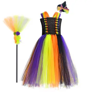 Kostum Gadis Pesta Tiga Potong Panjang Gaun Penyihir Kecil Cos Halloween Asli dengan Sapu Topi