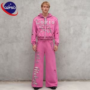 QZFSO Distressed Acid Wash Vintage Zip up Sérigraphie Personnalisée Heavyweight Sunfaded Rhinestone Cropped Sweatpants and Hoodie Set - Product Image 1