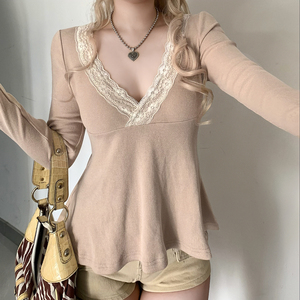 Nouveau T-shirt Femme 2025 Col V Sexy avec Dentelle Coupe Ample Manches Longues Haut Court Respirant Teint Uni Anti-Boulochage Panneau Contrastant - Product Image 2