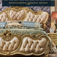Lit de maître en chêne massif de style européen Mullinsen modèle 808, 180x200 cm, lit double de luxe en cuir français champagne, lit de mariage sculpté