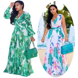 Gaun Sifon Ukuran Besar 5XL Wanita, Pakaian Afrika Motif Bunga Sundress Bergaris Pakaian Boho Baju Maxi Musim Panas