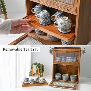 Mueble de Almacenamiento de Madera de 2 Niveles <span class=keywords><strong>para</strong></span> Encimera con Puertas Onduladas, Organizador de Madera con Bandeja de Té Extraíble, Mueble de Bambú - Product Image 5