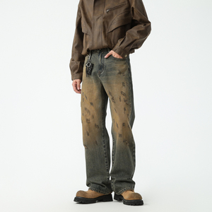 Vintage Distress Stone Wash Blue Straight Jeans Herren High Street Fashion Baggy <span class=keywords><strong>Denim</strong></span> Jeans Benutzer definierte Herren Whisker Designer Jeans