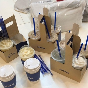 Custom Printed Beverage Takeaway 2 4 6 Pack Coffee <b>Cup</b> Drink to Go Corrugated Kraft Paper Carrier with Portable Handle Holder - Product Image 3