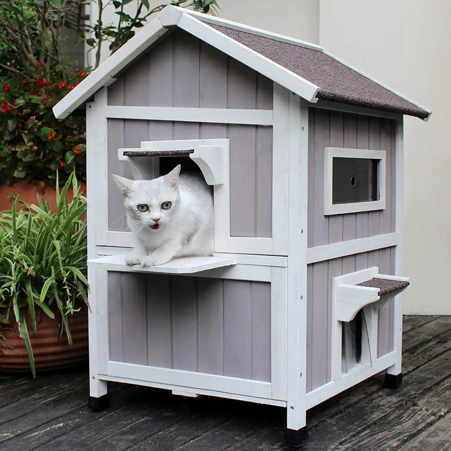 Twee Story Houten Outdoor Kat Huis