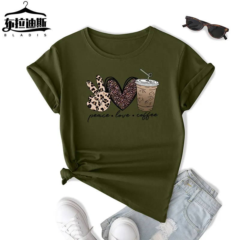 High quality new 2024 heart Coffee Letter Print Crew Neck Short Sleeve sublimation t-shirts Casual Women Clothing women t shirt