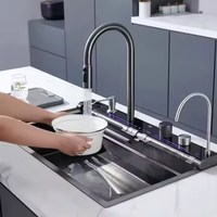 Ensemble d'évier de cuisine à cascade en acier inoxydable 201 fait à la main, robinet extractible à une cuvette, surface nano pour bassin de légumes à la maison