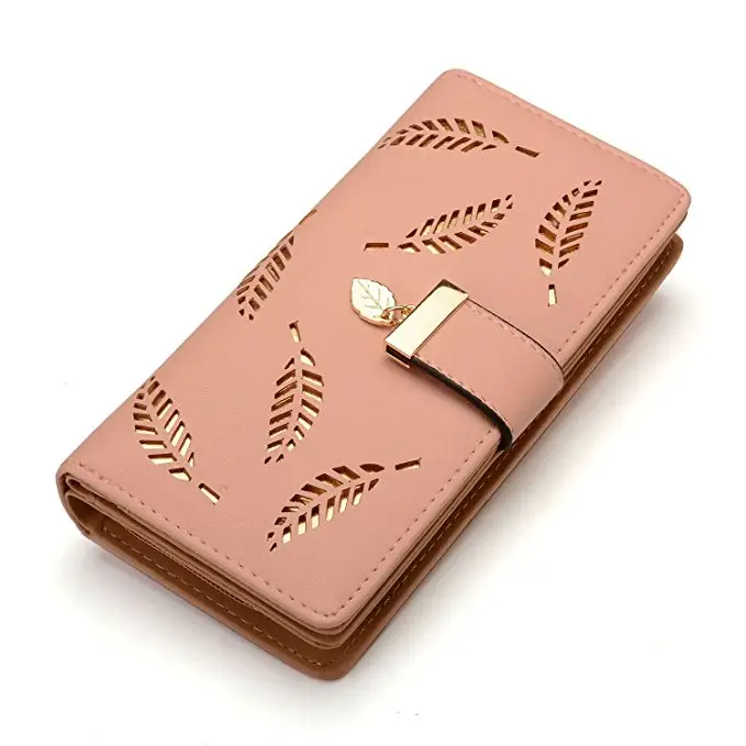 Hot Sale Custom Long Purse Pink Leaf Leather Wallet Billfold For Women