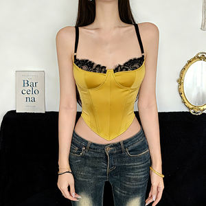 Sexy eyelash lace splicing bust-shaped waist-binding slimming contrast-colored strap <b>top</b> <b>tight</b>-<b>fitting</b> versatile irregular vest - Product Image 2