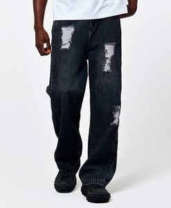 Özel tasarımcı marka sıkıntılı akıntılar Streetwear derin mavi ağır Denim OEM erkekler ham kenar kot düz bacak pantolon - Product Image 2
