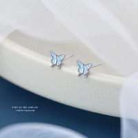 Boucles d'oreilles clous papillon bleu en argent sterling E4485-S925, style forêt, simples, polyvalentes, fraîches et délicates, vente en gros