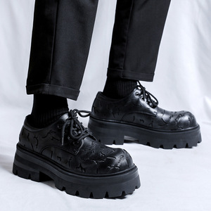 Leather <b>Shoes</b> Men Low Cut Niche Thick Soled <b>Height</b> <b>Increasing</b> Burst Pattern Casual Black Workwear British - Product Image 1
