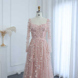 Jancember SZ353 Unique <b>Pink</b> Long Sleeve Pearls Mermaid Evening <b>Dresses</b> - Product Image 2