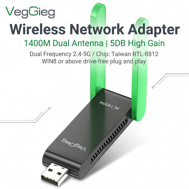 VegGieg AC1400M Dual Antenna USB WiFi Adapter Driver Free 2.4G 5G Dual Band 5DB High Gain RTL8812 Wireless Dongle for PC Laptop