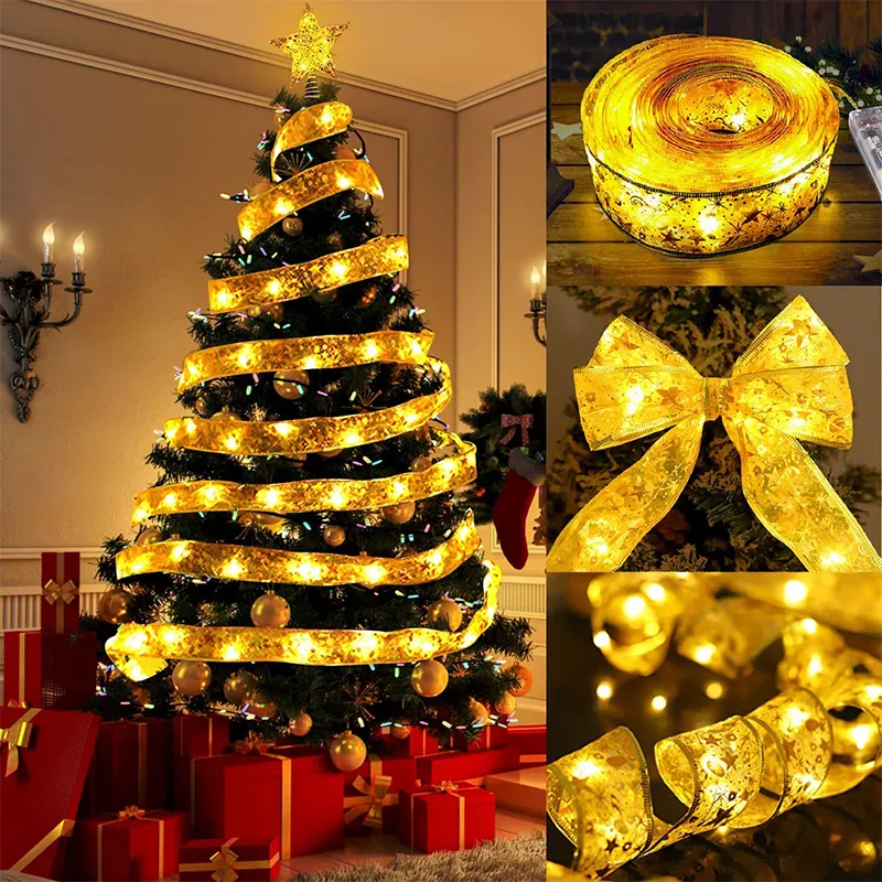 クリスマスツリーデコレーション用クリスマスリボンLEDライト1/2/3M光るリボンデコレーションXMAS新年ギフトボックス包装リボン