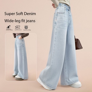 <span class=keywords><strong>Jeans</strong></span> a Gamba Larga Azzurri per Ragazze, Denim Morbido a Vita Alta, Pantaloni Casual <span class=keywords><strong>Larghi</strong></span> per Bambini - Product Image 1