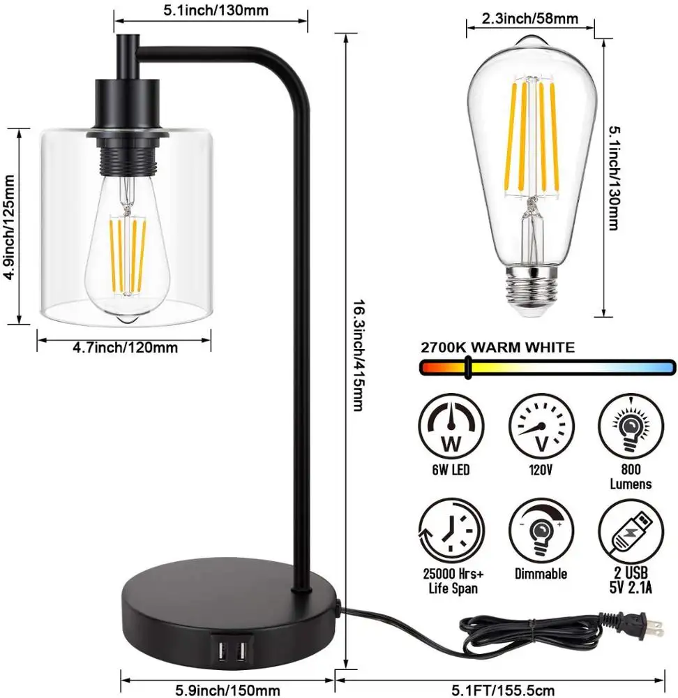 Dual USB Charging Ports 3 Way Dimmable Vintage Bedside Nightstand Lamp Glass Shade Desk