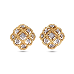 Orecchini in Oro Massiccio 18K Bicolore con Diamanti Taglio Principessa, Gioielli Classici da Donna per Uso Quotidiano - Product Image 1
