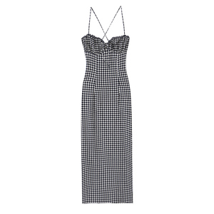 <span class=keywords><strong>Robe</strong></span> longue décontractée à bretelles spaghetti, imprimé à <span class=keywords><strong>carreaux</strong></span> <span class=keywords><strong>noir</strong></span> <span class=keywords><strong>et</strong></span> <span class=keywords><strong>blanc</strong></span>, mode pour femmes - Product Image 1