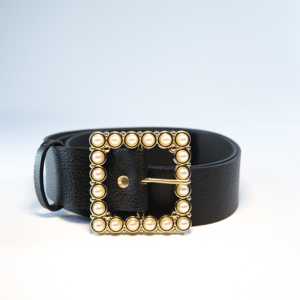 Cinturón Cuadrado con Hebilla de Perlas para Mujer, Cuero Negro, Chapado en Aleación, Estilo Formal - Product Image 1