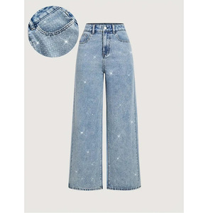 Hot Selling <b>Stretch</b> Washed <b>Denim</b> Straight Pants For Women Classic Casual Design With Beautiful Bead Ornament Details - Product Image 5