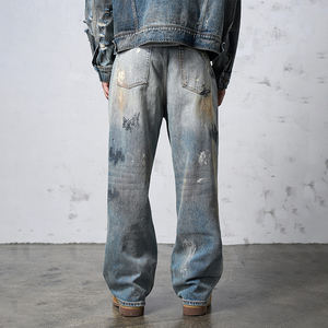 جينز قطني للرجال بقصة مستقيمة جينز فضفاض من حجر الدنيم بغسيل إنزيم مكثف ثقيل جينز غسيل متمزق ومخصص - Product Image 3