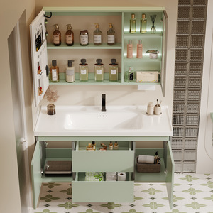 Meuble-lavabo de salle de bain moderne de luxe vert français en MDF, armoire étanche à poser au sol, miroir intelligent, écologique - Product Image 4