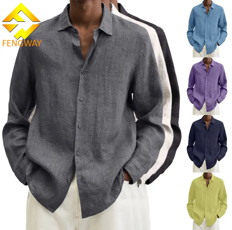 Fengway Custom Logo Cotton And Linen Button Shirt Solid Long Sleeve Casual Shirt Plus Size Loose Shirt For Men