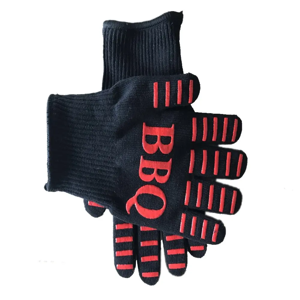 Vente chaude Résistant À La Chaleur Bbq Cinq doigts Mitaines Doublure En Coton Avec Des Points De Silicone Cuisine Four Gants Lavables