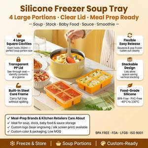 Boîte à soupe congelée en silicone à 4 compartiments avec couvercle rectangulaire, design anti-mélange de saveurs, plateau de congélation rapide, vente en gros - Product Image 1