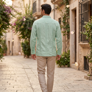 Chemises pour hommes en lin de qualité supérieure, 100% lin, plissées, style guayabera, <span class=keywords><strong>chemise</strong></span> à manches longues décontractée pour hommes - Product Image 2